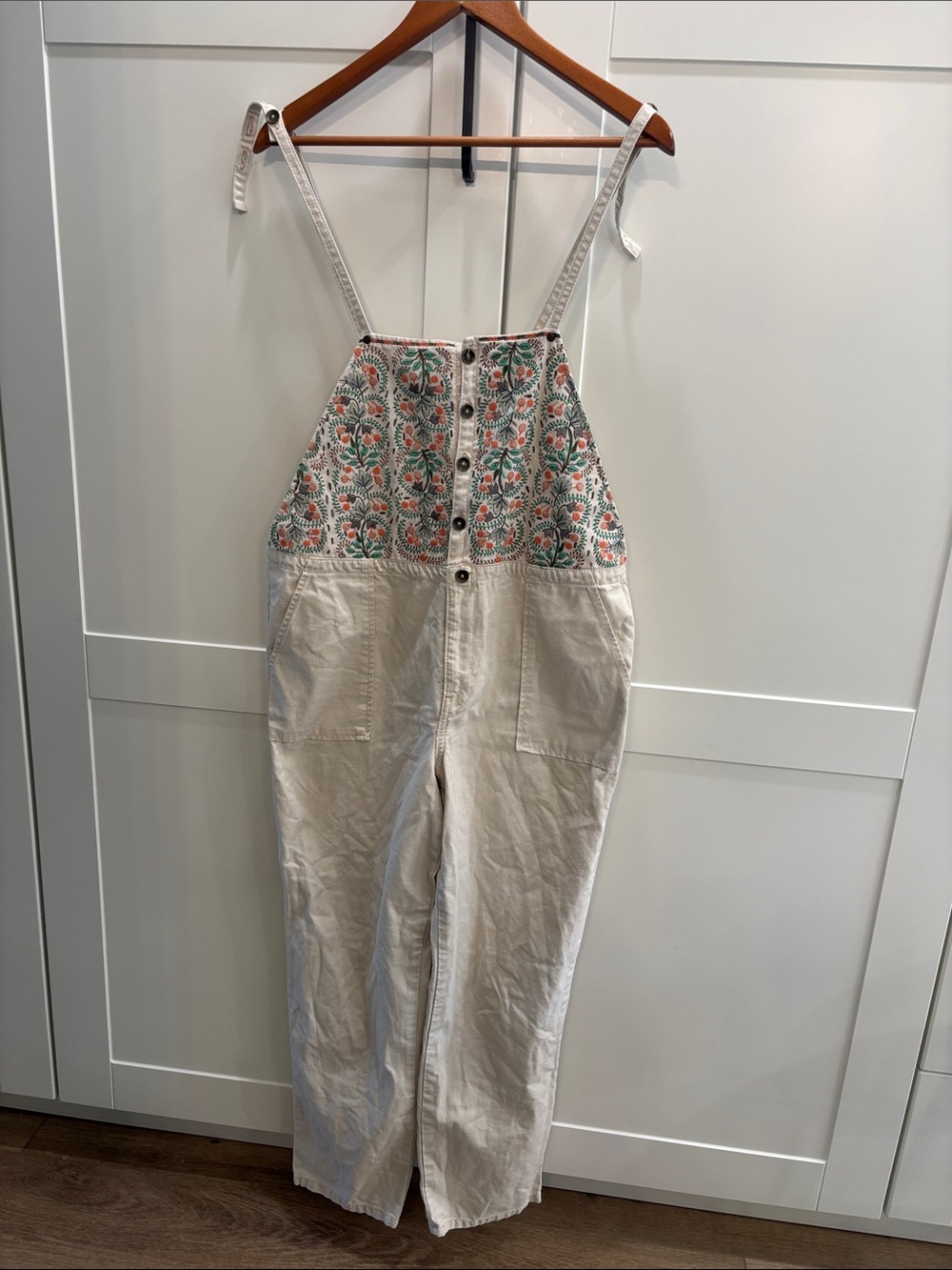Cream Embroidered Bib Overalls Women jeans
